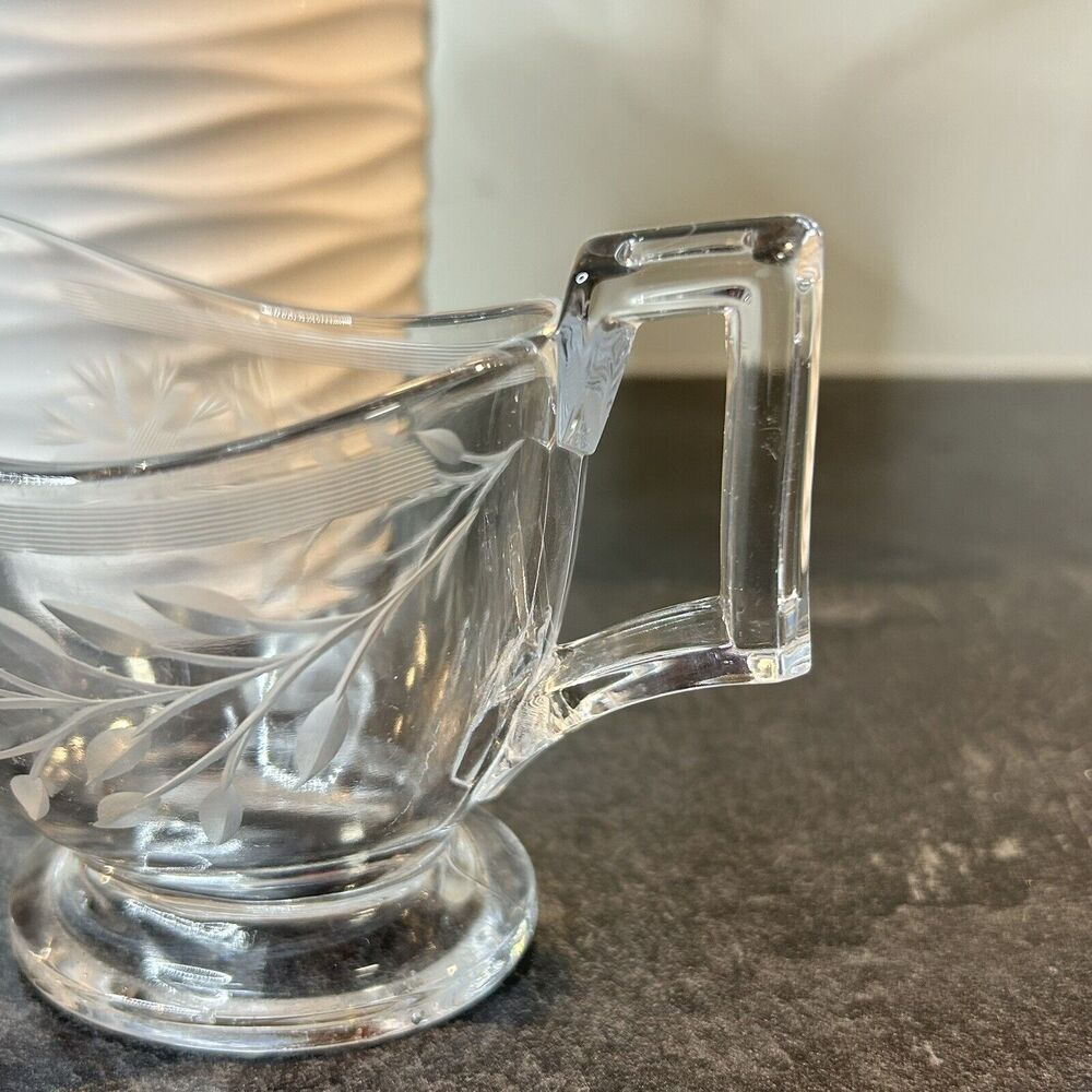 VINTAGE Heisey ART‎ DECO Gravy Sauce Boat Clear Glass Etched Floral Design - Picture 4 of 9